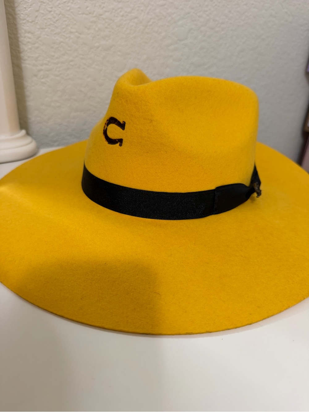 Wide-Brim Fedora Hat in Bright Yellow with Black Band